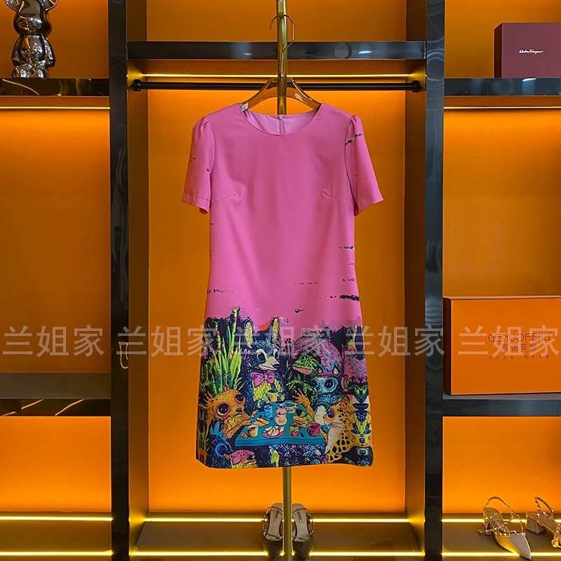 【晨雾云粉】设计师2025年夏季新款圆领印花短袖收腰气质名媛连衣裙