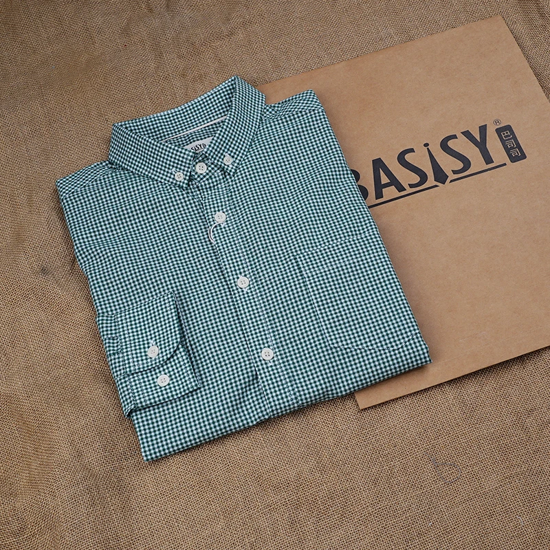 巴司司牛津绿格子长袖全棉男衬衫翻领休闲衬衣220