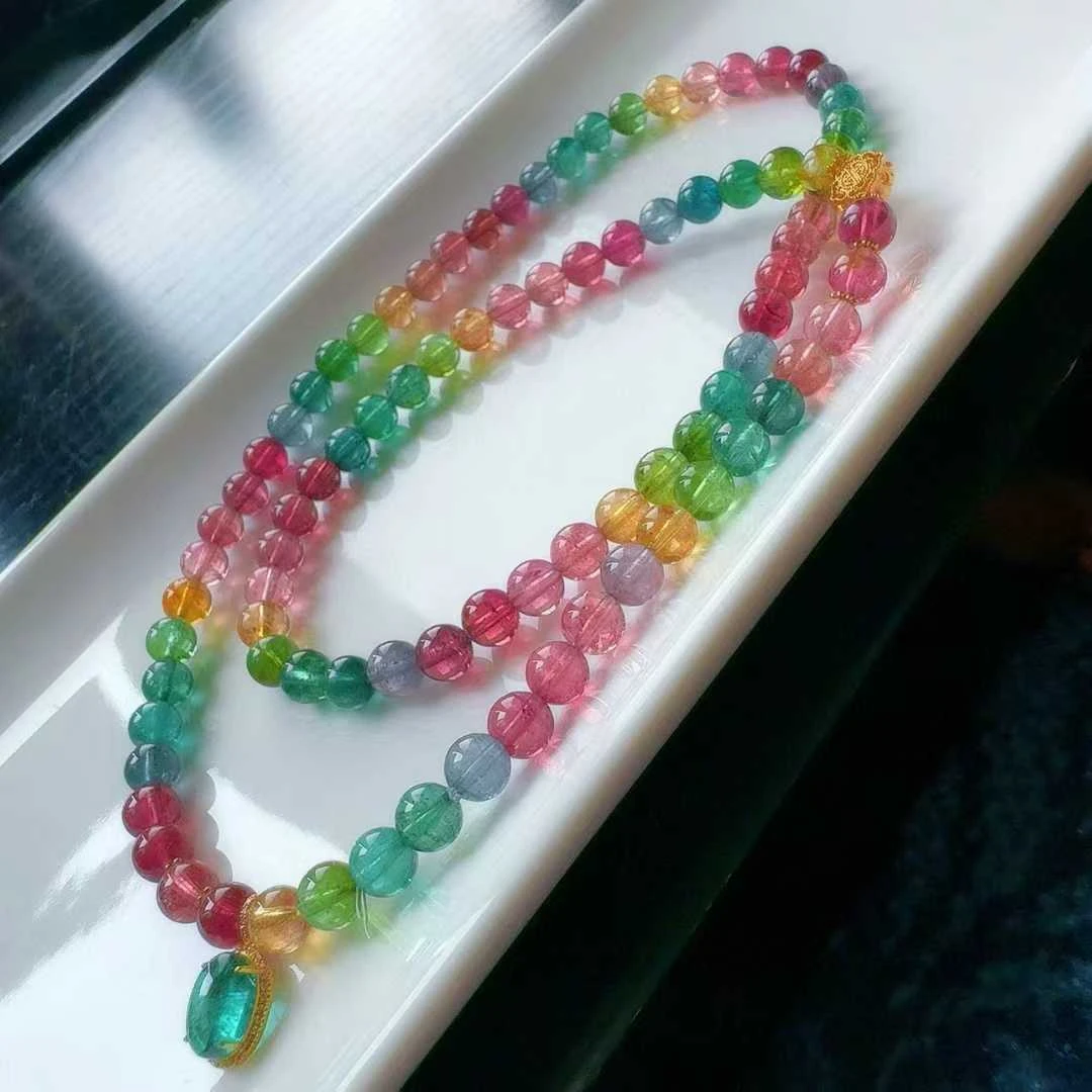 天然彩虹碧玺手串三圈6.1mm32.75g正品简约碧玺多圈手链女旺夫石
