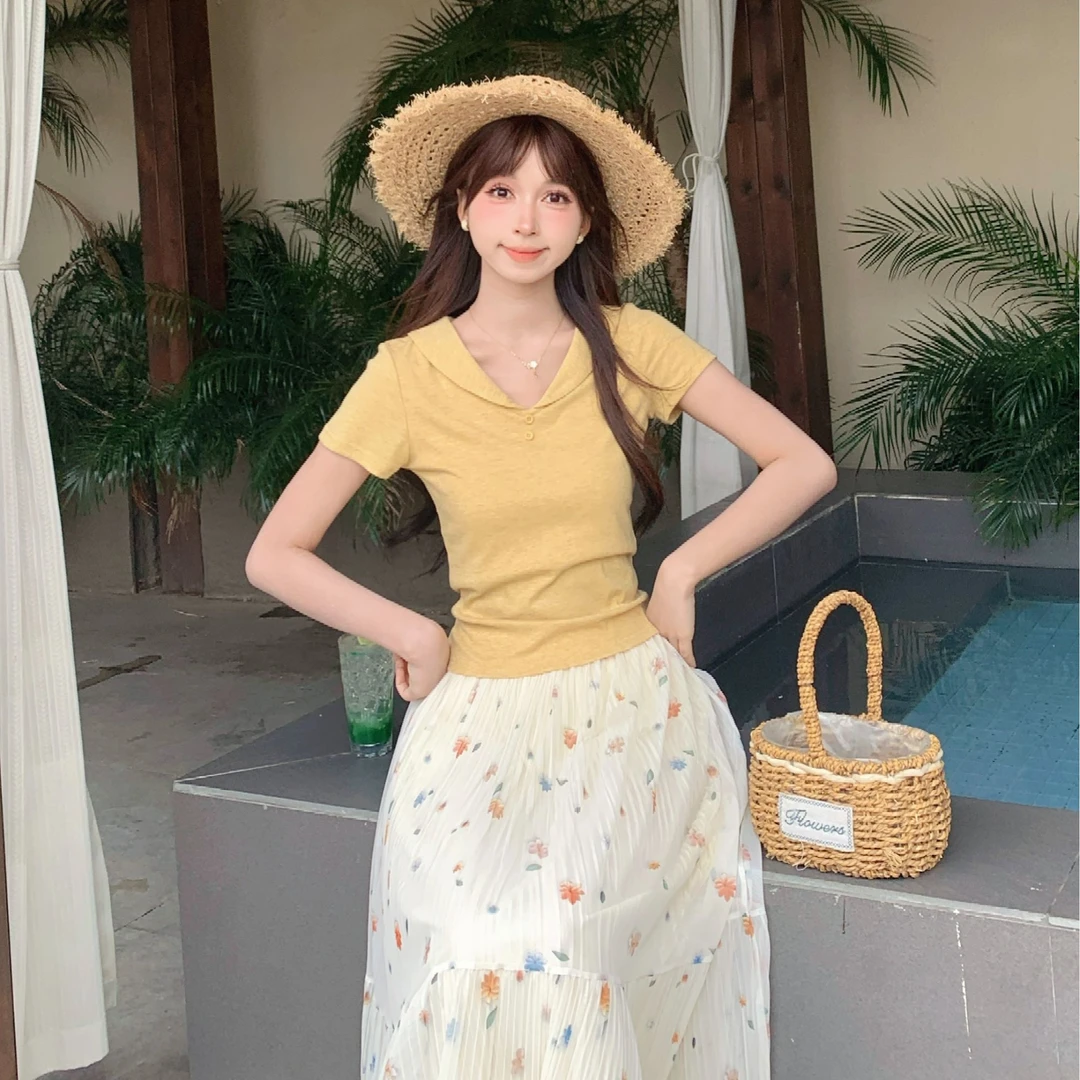 慕兔法式小个子收腰显瘦翻领T恤女2025夏季新款设计感百搭上衣