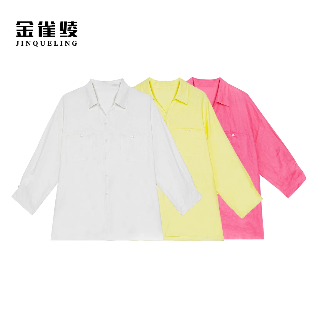 金雀绫【糖果精灵】100亚麻纯色舒适透气翻领大码女装衬衫SZA1S185