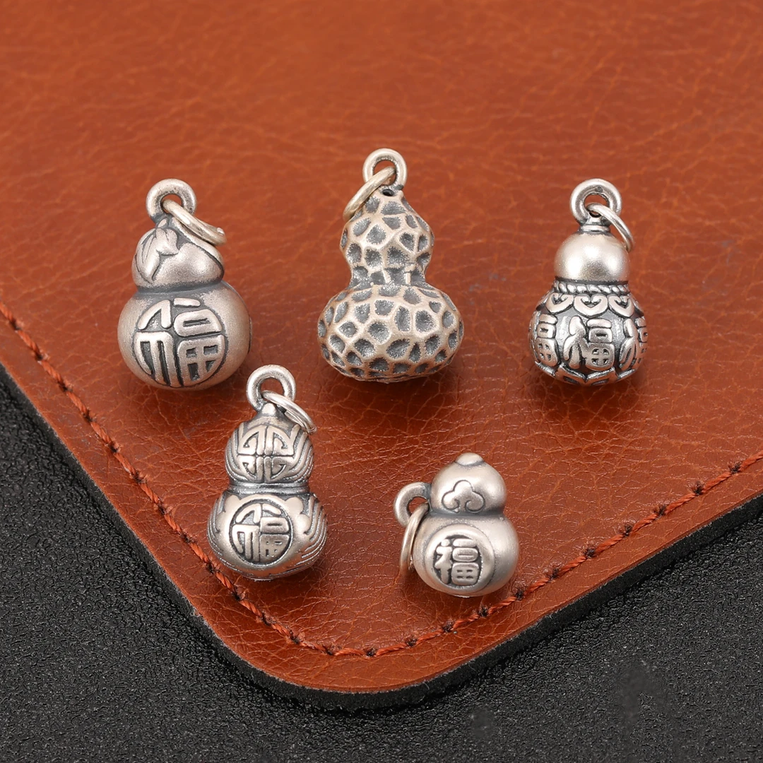 足银银制品 足银复古做旧葫芦吊坠手工diy配件红绳手串银饰挂件