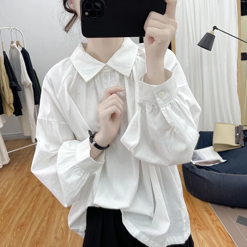 2025春季韩系娃娃领灯笼袖长袖白衬衫女宽松上衣打底衬衣7333