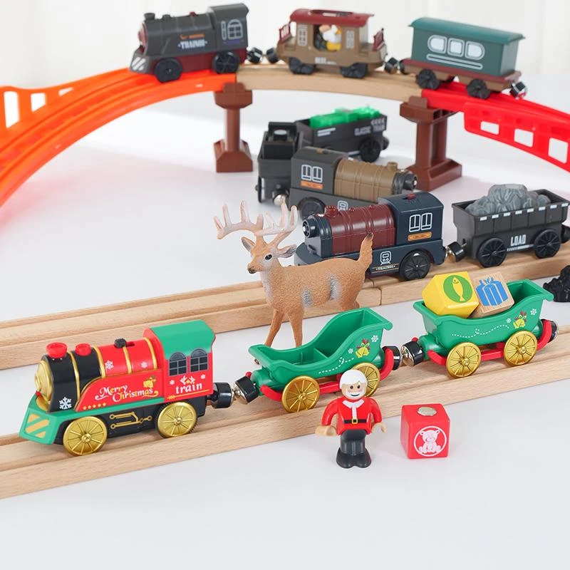 复古电动火车磁性小火车头木质轨道玩具积木可坐人磁性男孩礼物