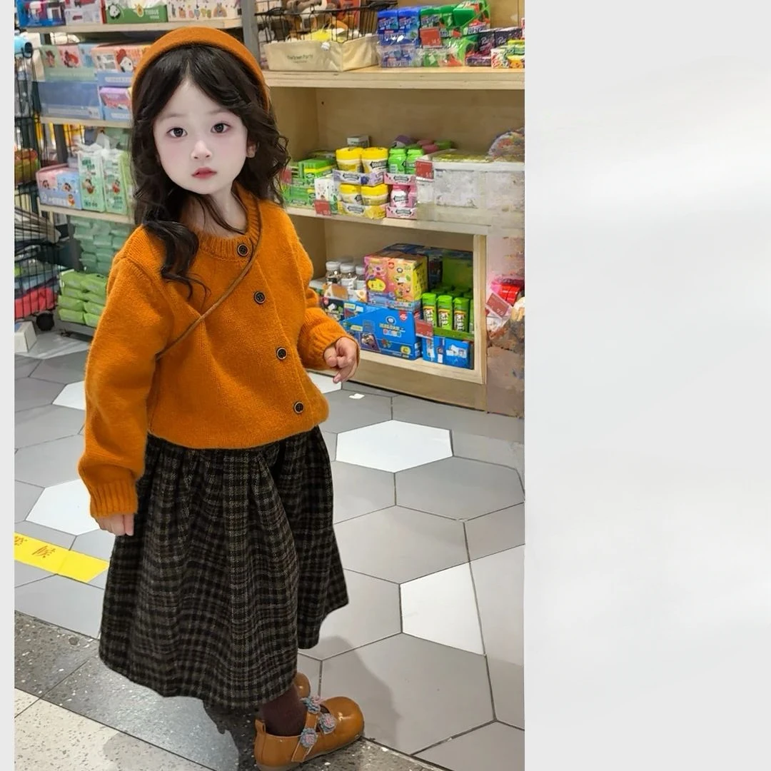新款洋气潮款儿童衣服女童韩系秋季开衫毛衣外套格女童森系格子裤