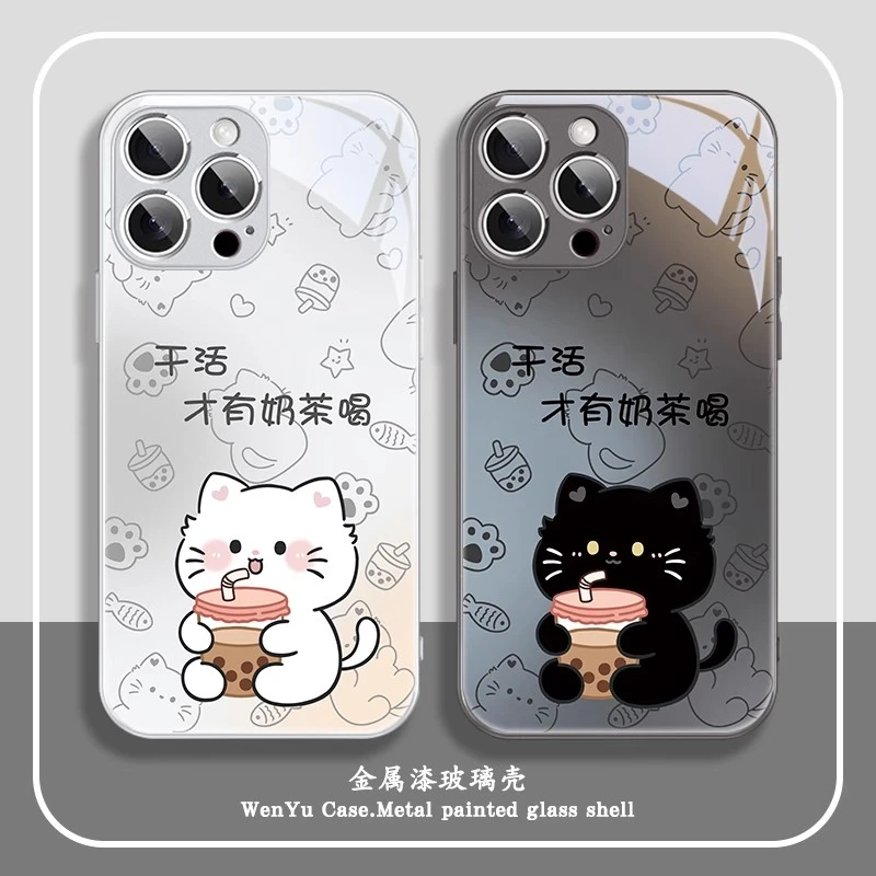 适用苹果16/华为pura80/小米15/vivo/oppo奶茶猫咪情侣可爱手机壳