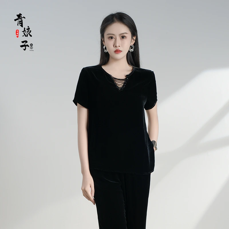 青娘子丝绒（晼晚）时尚夏季镂空串珠设计感气质中式百搭上衣60995