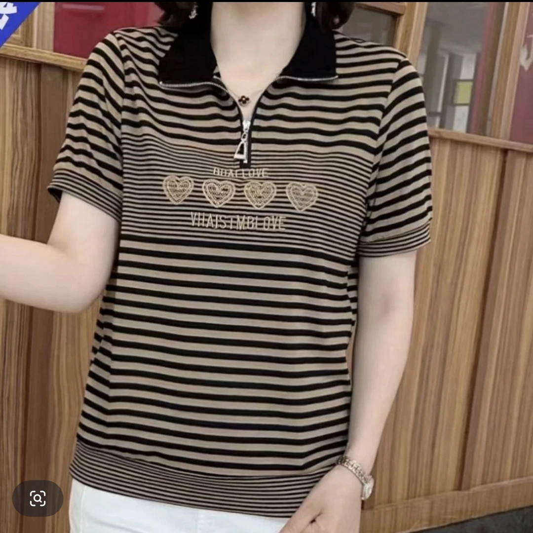 1g条纹时尚常规款立领中老年女装夏装t恤洋气宽松百搭打底