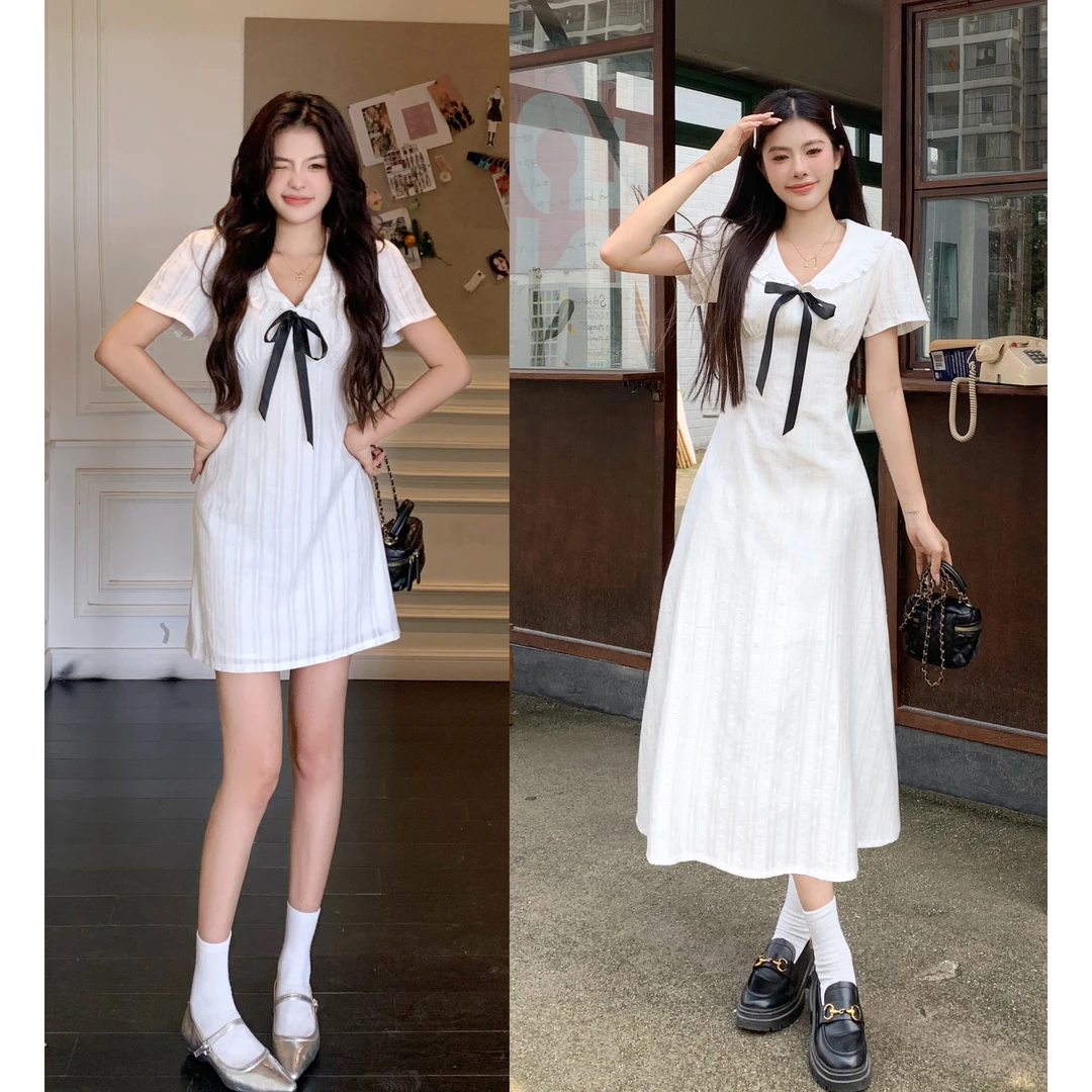 大码女装胖mm法式蝴蝶结气质温柔白月光棉质收腰显瘦连衣裙