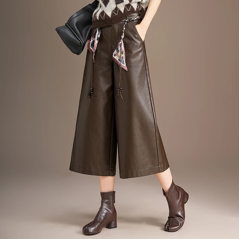 时髦皮裤七分裤女高腰显瘦秋冬季新款休闲宽松裤子pu皮阔腿裤九分