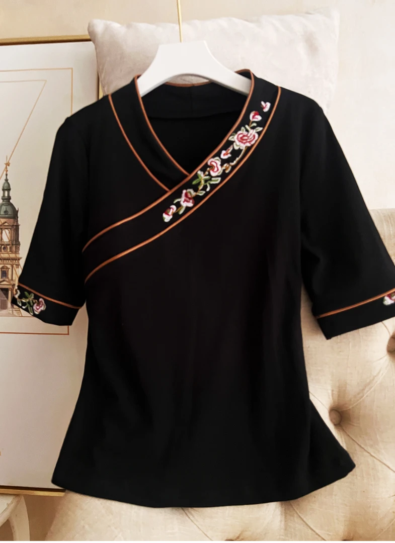 日常穿黑色半袖国风上衣女中式民族风绣花中袖T恤女演出广场舞服