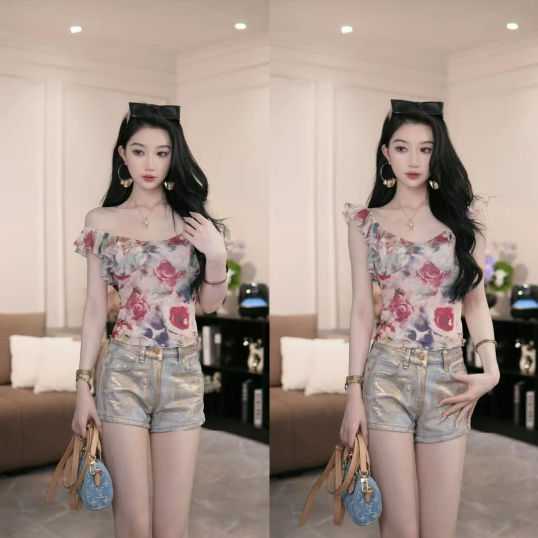 L【花野迷踪】荷叶边花料波浪边领口短款上衣女 不带胸垫