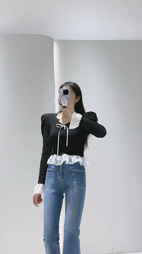 韩国东大门正品阿美韩国女装新款肌理感系蝴蝶结拼接纱纱泡泡袖