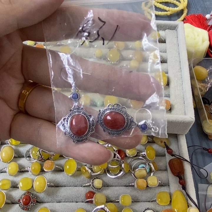 蜜蜡裸石银S925镶嵌耳钩