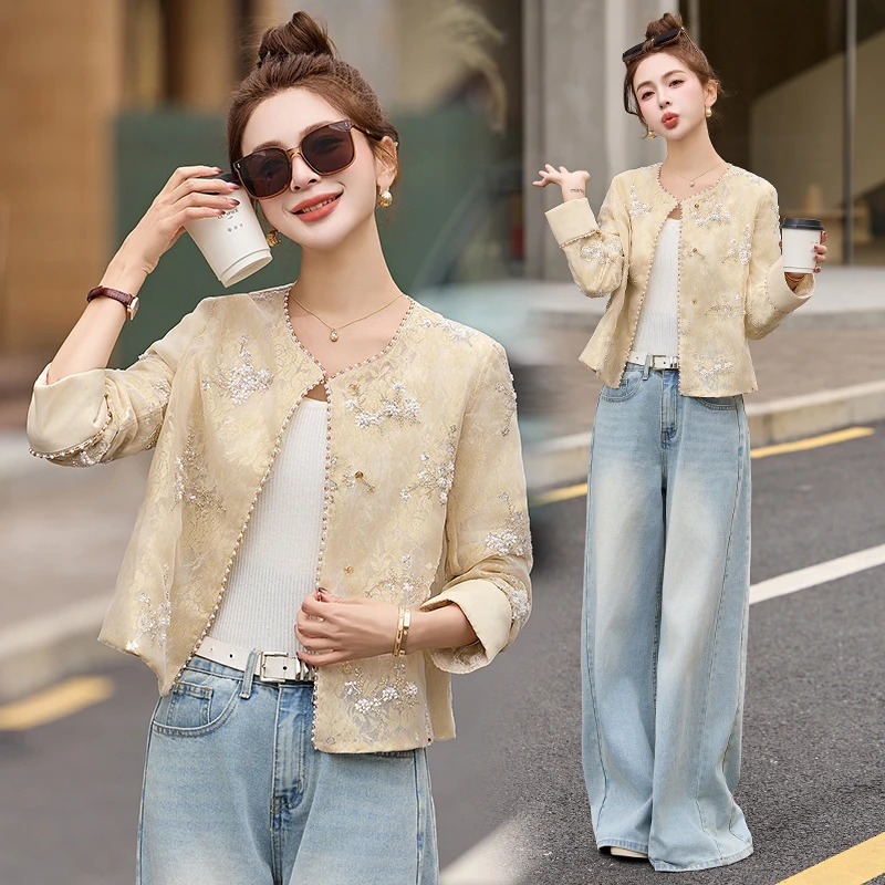 欧根纱刺绣短外套女重工钉珠春装设计感气质国风彩色蕾丝外套上衣