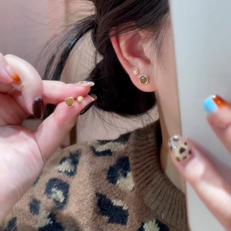 铜合金耳饰 62 美拉德咖色几何方形耳钉四件套女时尚轻奢耳环耳饰