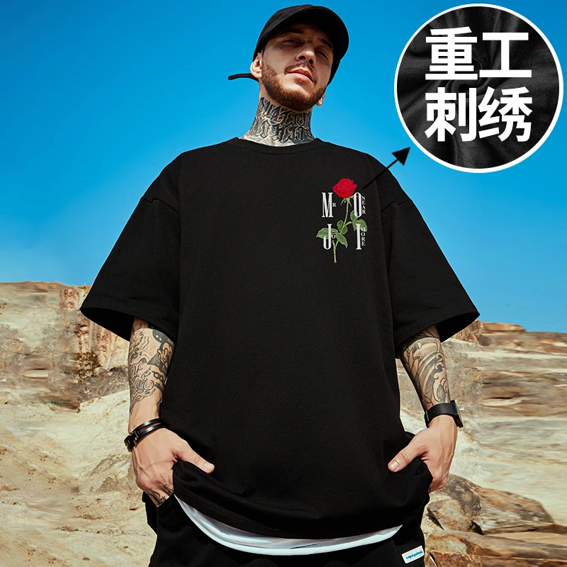 【刺绣短袖】100%纯棉特大码宽松T恤胖子加肥加大码男装短袖打底衫