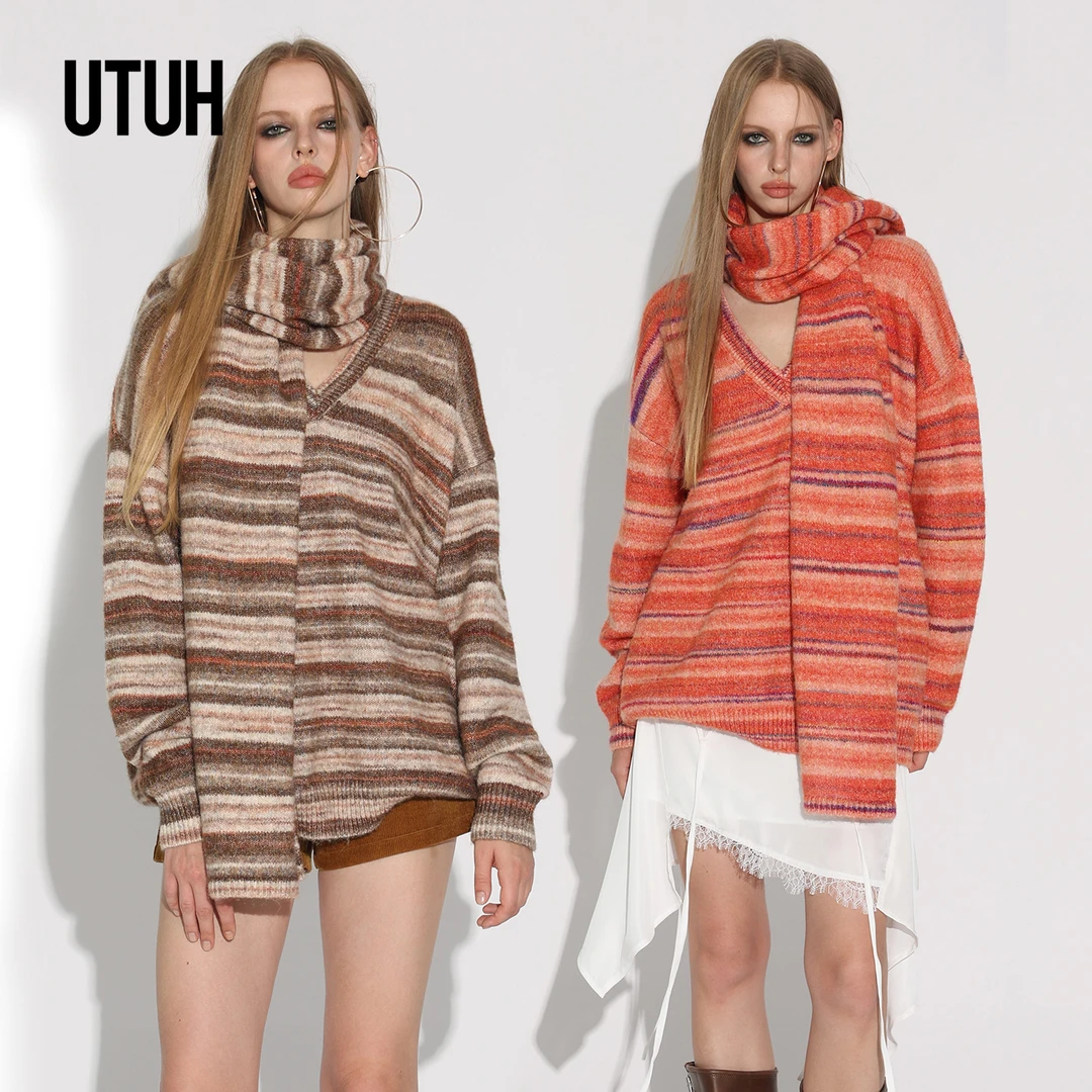 UTUH咖 /橘渐变v领针织上衣宽松慵懒感优雅新款配:围巾TDWWW2Z482