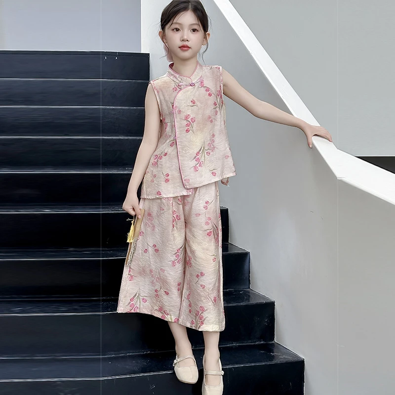 女童夏季套装2025新款儿童洋气背心新中式国风旗袍汉服复古两件套