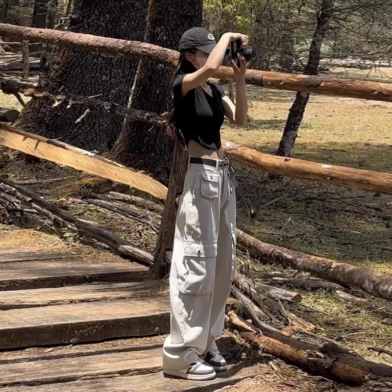 美式复古高街白色工装阔腿裤子女2025新款春秋小个子休闲长裤子