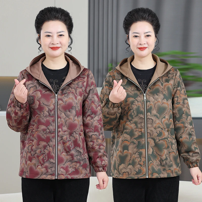 大码妈妈装春季新款花色拉链连帽外套夹克中老年妈妈洋气上衣2508