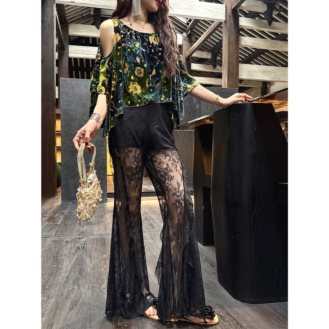 三吉黑花【久念】新中式国风蕾丝开衩裤休闲阔腿裤子2025新款薄款