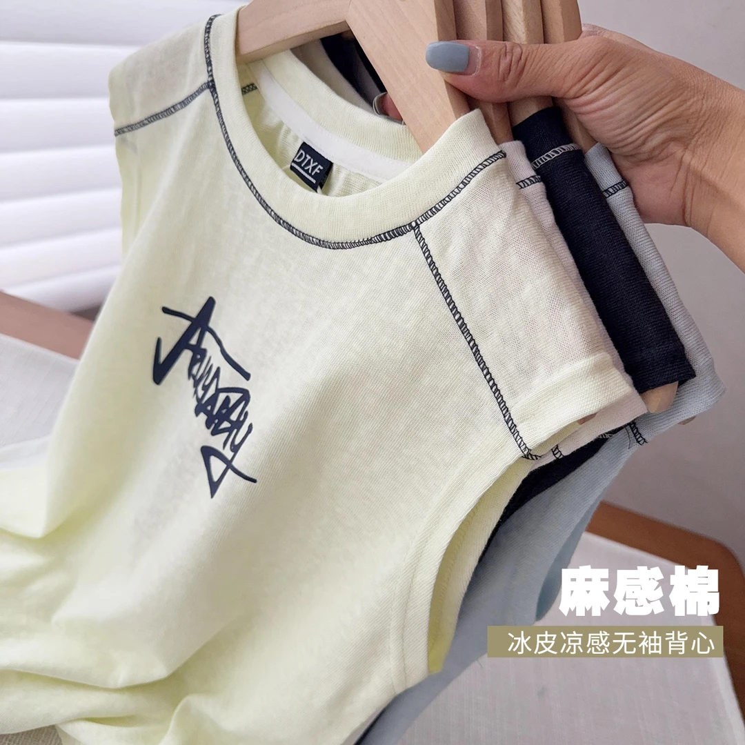 【68%麻感棉+32%进口段缩丝】儿童夏季薄款清凉背心25438