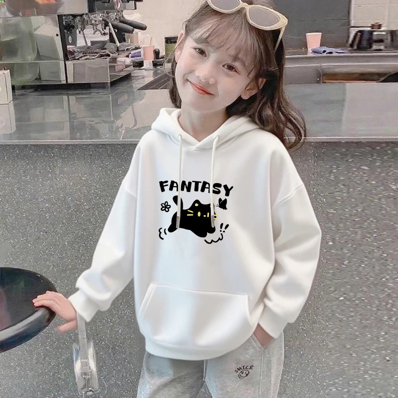 女童白色儿童长袖连帽卫衣春秋季中大童洋气时尚百搭休闲上衣外穿