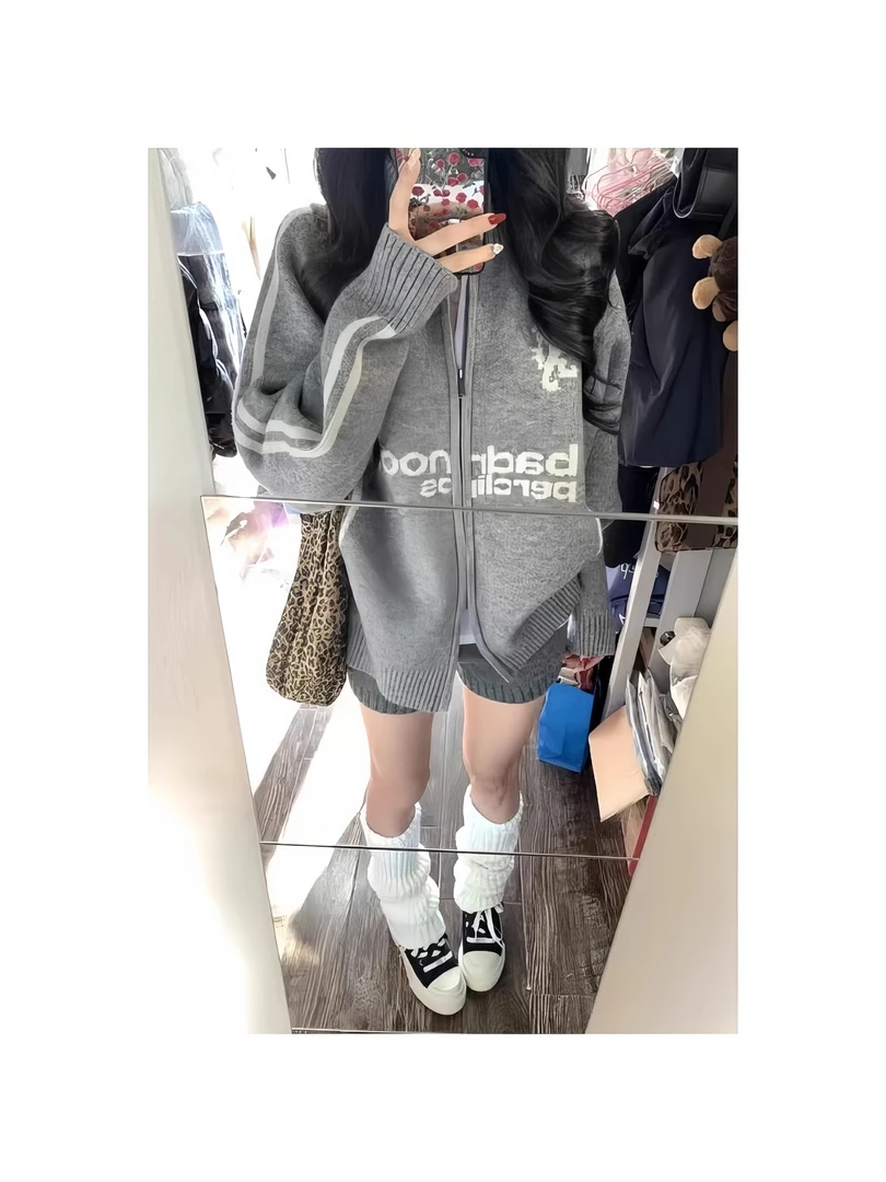早秋季美式oversize翻领拉链针织衫女慵懒风设计宽松显瘦外套上衣