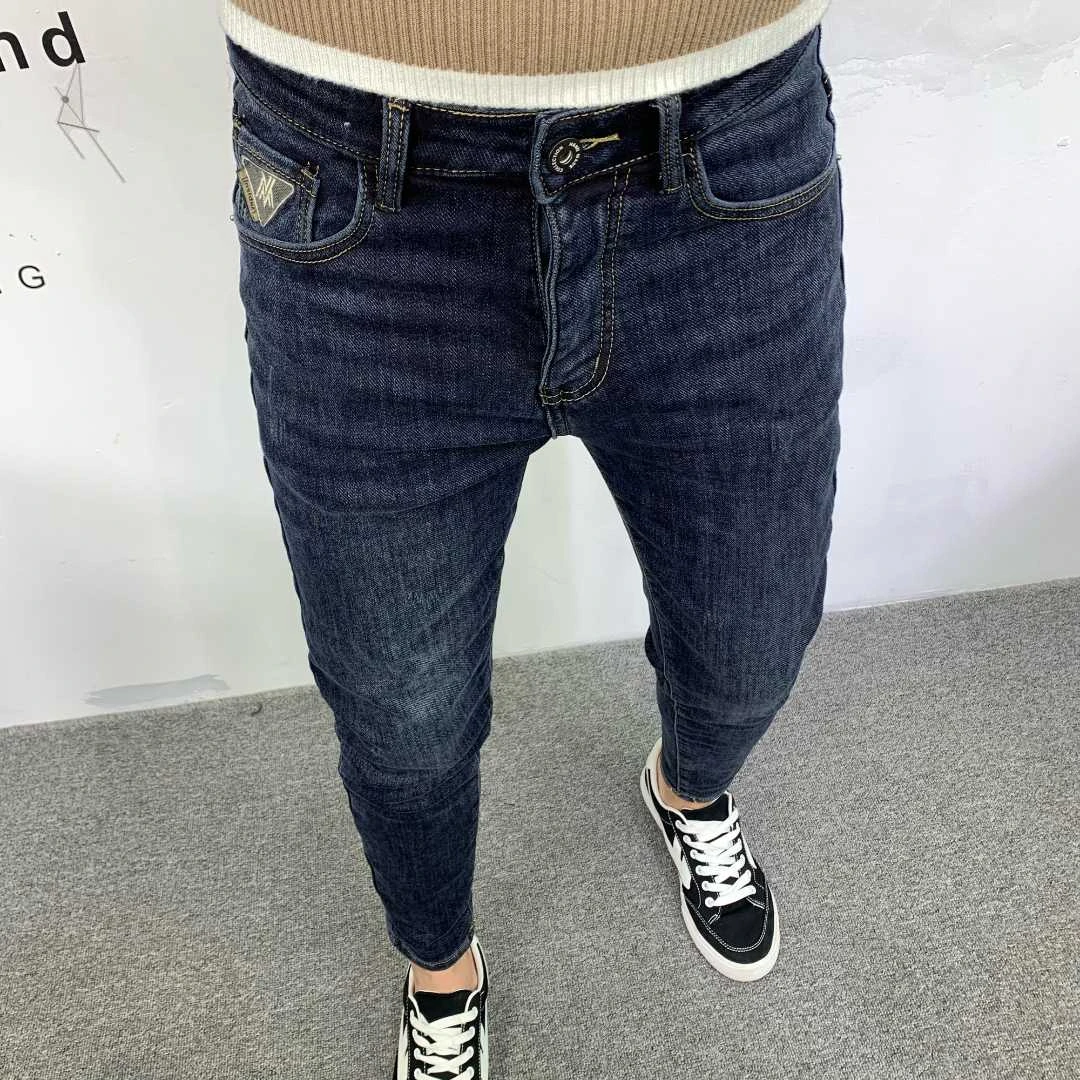 弹力百搭牛仔裤男冬季加绒高端修身小脚美式刺绣复古蓝灰色九分裤