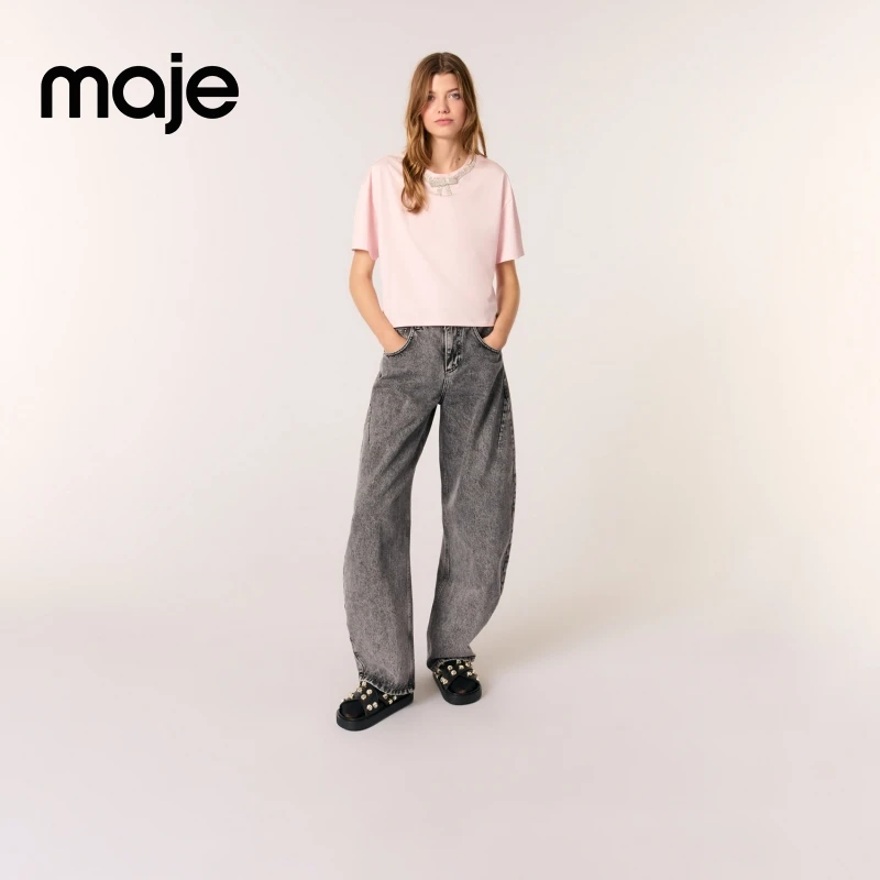 【欧若风】Maje 2025春夏新款女装甜美气质粉色针织T恤衫MFPTS00907