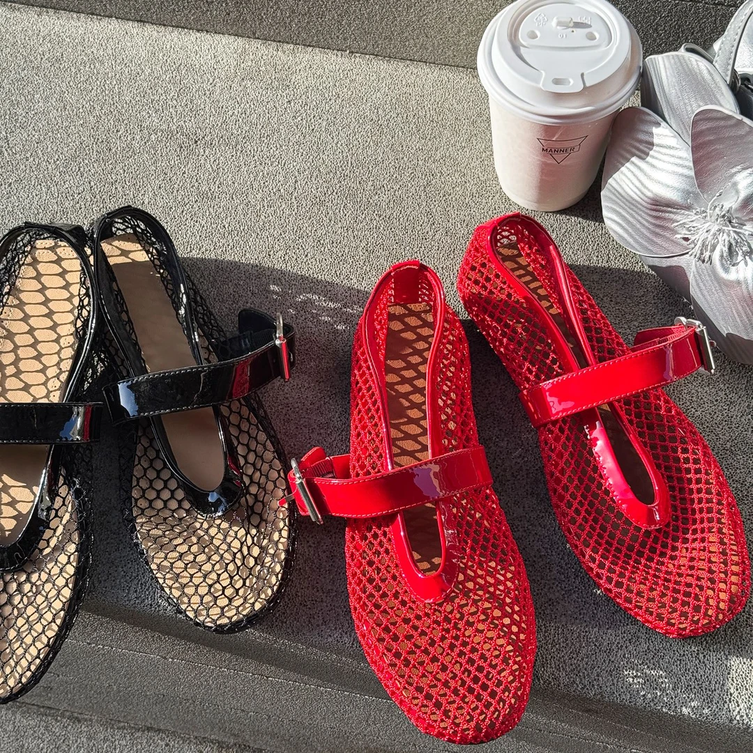 Q “镂空真皮网面单鞋”软底一字扣平底懒人鞋  YLLS40136