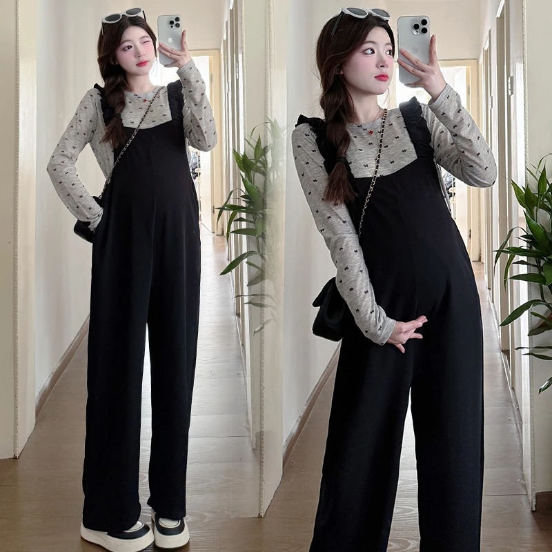 孕妇装早秋背带裤2025新品黑色背带裤子阔腿裤休闲长裤+波点上衣