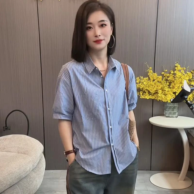 欧货气质百搭条纹五分袖衬衫2025夏季新款女士薄款翻领开衫上衣服