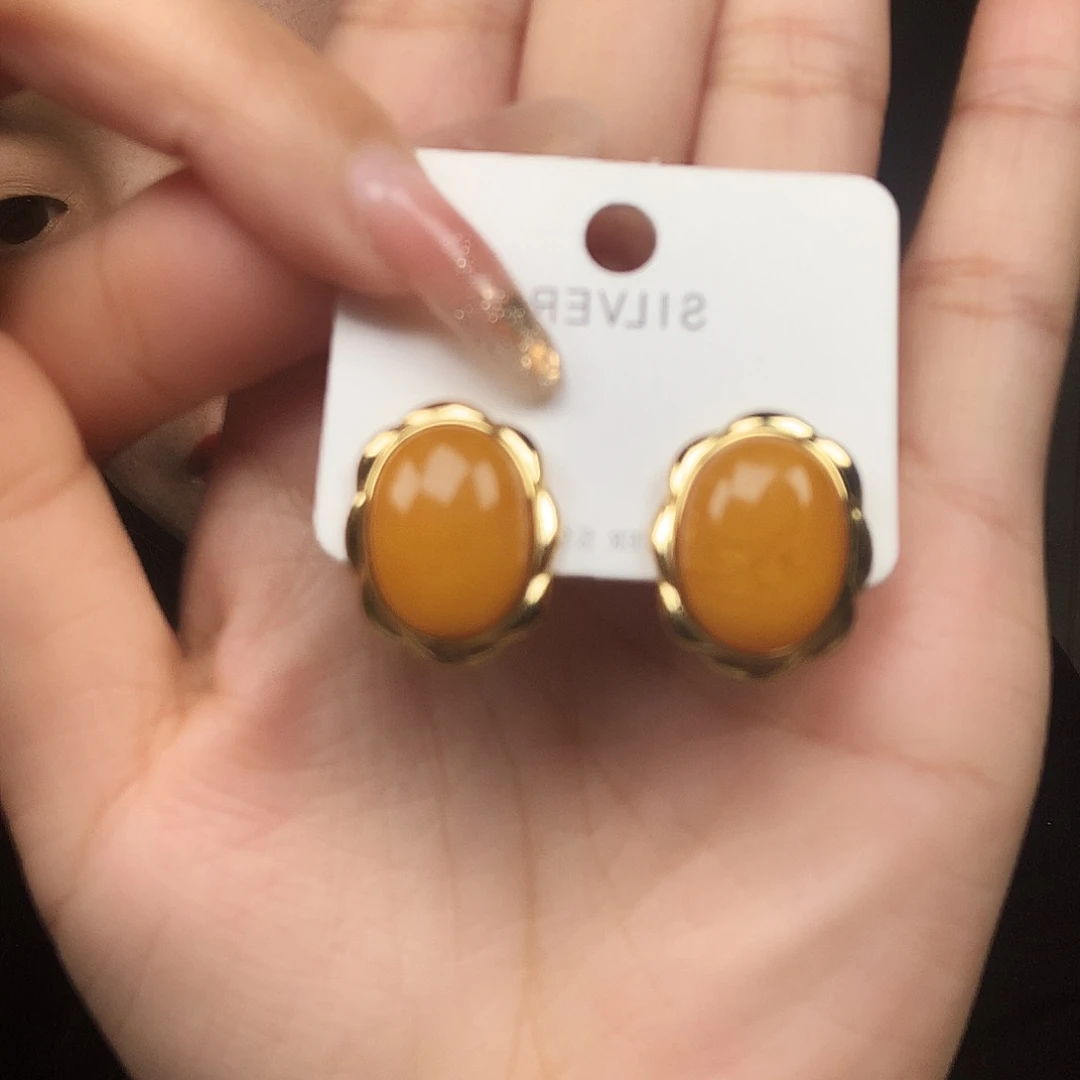 蜜蜡耳饰银S925镶嵌耳钉