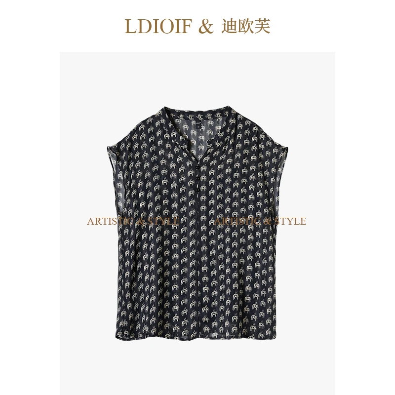 迪欧芙|定染印花金丝交织/ 空气感乔其纱 V领小飞袖上衣#XSY18398