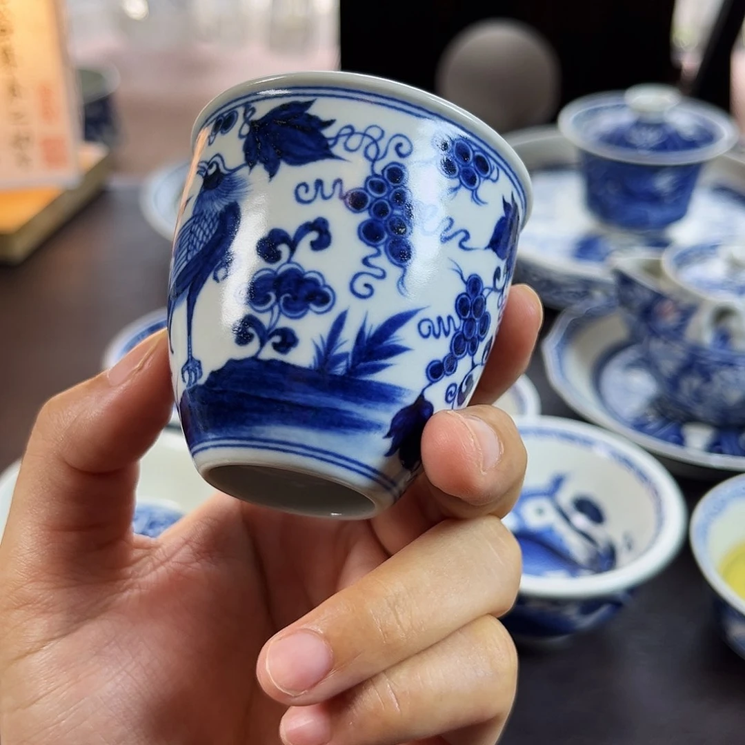 朝岚夕霞至正元青花锦鸡手雷杯原矿釉烧制