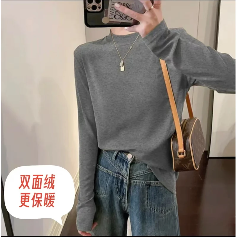 【双面绒更保暖】2025新款半高领长袖显瘦立领T恤宽松女气质内搭