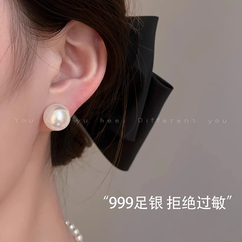 足银耳饰 999银施家仿珍珠耳钉女2024爆款耳环秋冬季小众高级耳饰