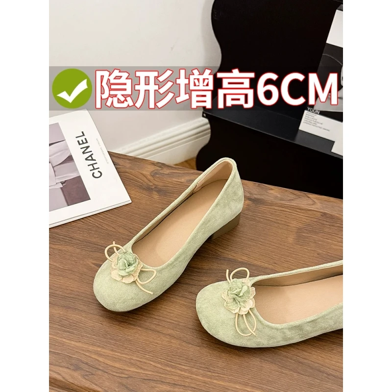 小个子国风配旗袍花朵单鞋女春秋瓢鞋一脚蹬奶奶鞋内增高芭蕾舞鞋