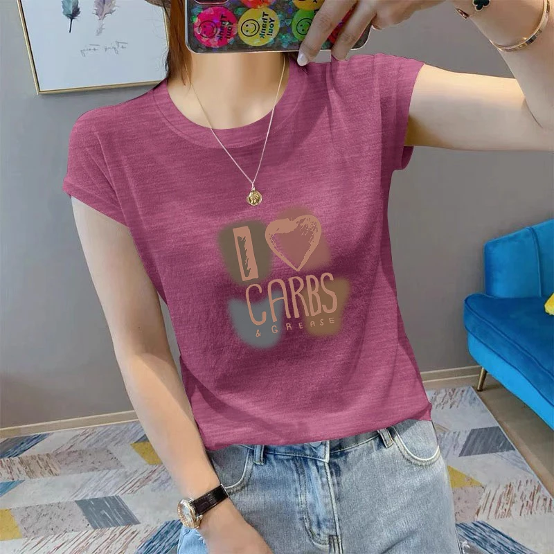 竹节棉韩版百搭印花短袖t恤女2025夏季新款洋气宽松显瘦圆领上衣