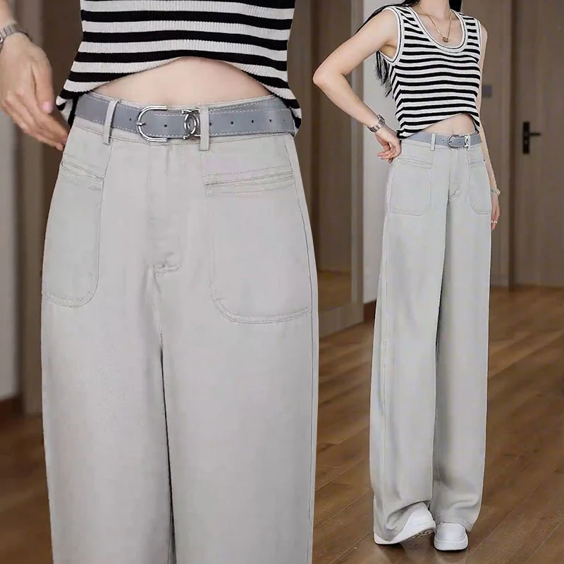 莱赛尔薄款牛仔裤女夏季薄款2025新款莫兰迪灰窄版阔腿冰丝直筒裤