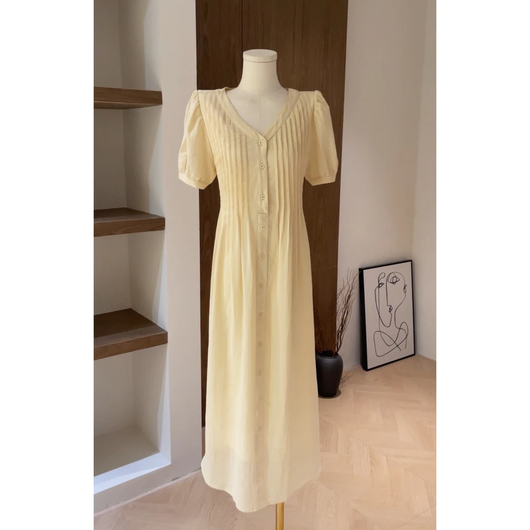 【橙花】法式风琴褶V领连衣裙