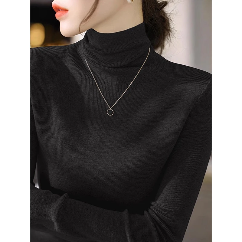 Basic House/百家好墨绿色高领打底衫毛衣女秋季配大衣内搭针织衫