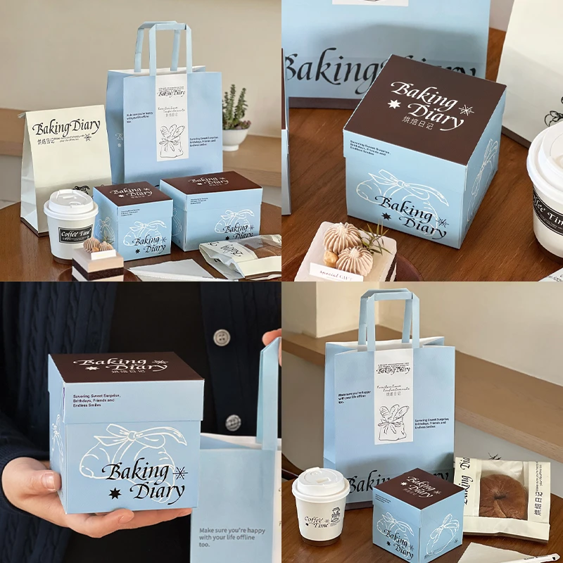 简约小蛋糕盒子开窗面包袋手提袋咖啡纸杯烘焙甜品包装打包盒定制