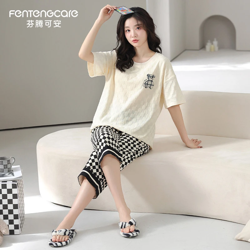 芬腾可安夏季纯棉休闲女士睡衣家居服可外穿薄款短袖七分裤两件套