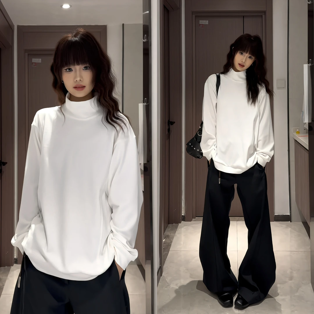 白色半高领德绒T恤男款秋冬保暖内搭解构卫衣宽松cleanfit打底衫