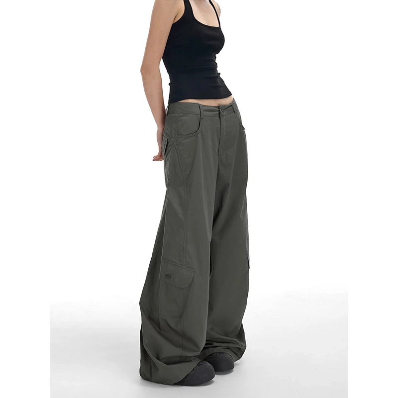 美式复古辣妹街头军绿弯刀裤子女设计感多口袋阔腿工装休闲长裤潮