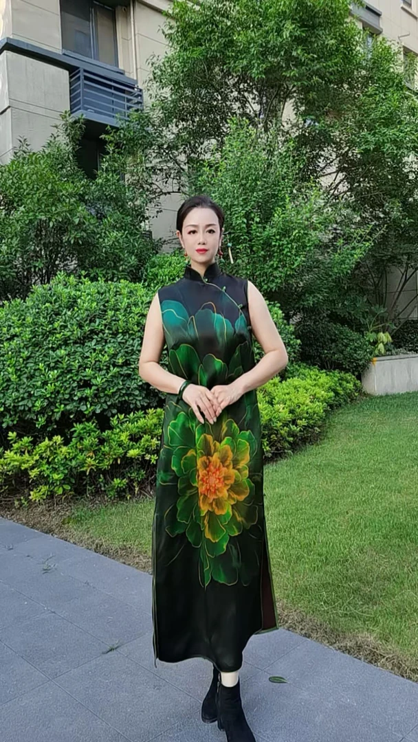 缎味原创-绀青无袖旗袍