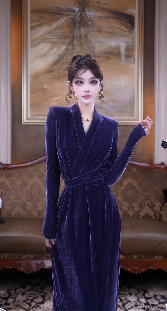 猫猫姐姐丝绒轻奢收腰连衣裙名媛